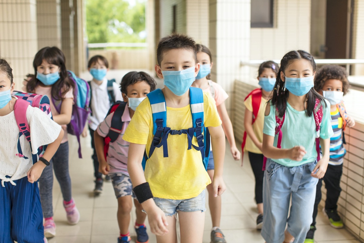 Group of children wearing face mask back at school after covid-19 quarantine